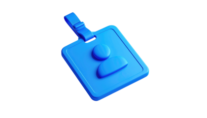 3D render of a blue ID badge with strap and profile icon, against black background, providing a corporate identity concept