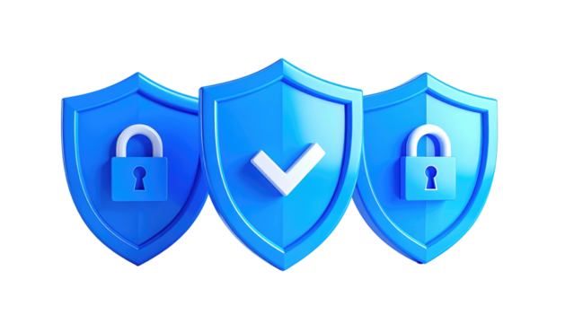 3D rendering Three blue shields with symbols of locks and a checkmark, isolated on a black background, conveys security