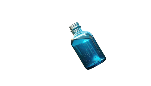 Small, clear glass bottle filled with shimmering blue liquid, angled against a stark black background
