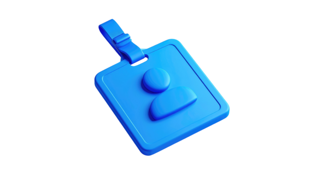 3D render of a blue ID badge with strap and profile icon, against black background, providing a corporate identity concept - Powered by Adobe