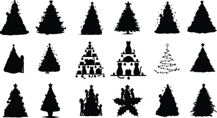 Whimsical Christmas tree silhouette set, festive black vector icons, holiday pine shapes with people and animals, creative seasonal clipart pack, winter graphic design elements