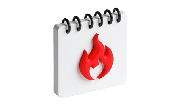 White calendar with black rings displays a vibrant red fire icon on its page. 3D render on black background