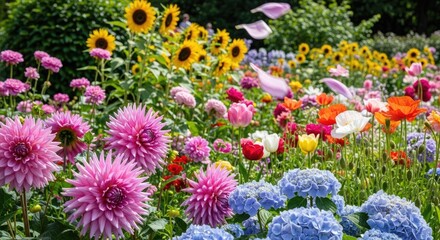 A vibrant garden filled with a variety of colorful flowers, including sunflowers, dahlia, and tulips.