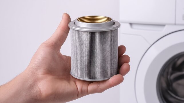 A hand holding a cylindrical filter with a metallic top, against a blurred background of a washing machine and a white wall.