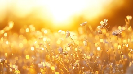 Fototapeta premium 74.Endless meadow of cosmos flowers in full bloom, swaying gently in the breeze under a golden sunset, creating a dreamy, warm-toned floral landscape.