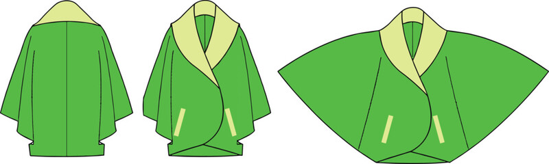 Green outerwear fashion sketch, three style variations, light yellow collar and pocket detail, draped silhouette, stylish coat design, vector apparel, garment illustration concept