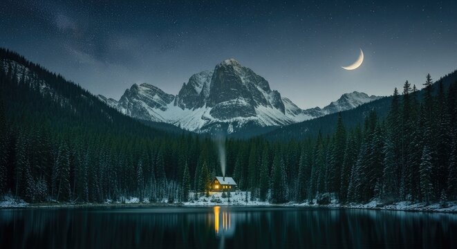A serene mountain cabin nestled in a snow-covered forest by a calm lake at night, with a crescent moon illuminating the scene. - Powered by Adobe