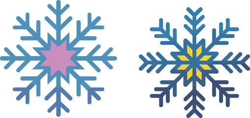 Colorful snowflake illustration, pink and yellow star centers, blue outlines, festive winter design, perfect for seasonal clipart, holiday decor, vector art, decorative icon