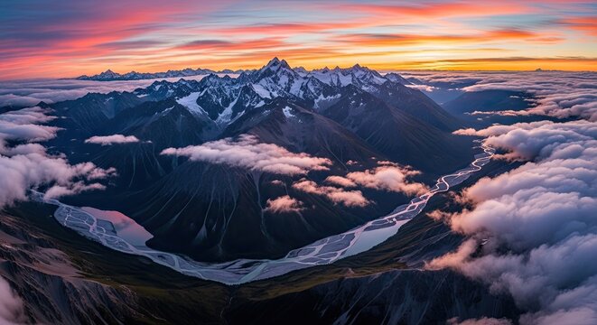 A breathtaking aerial view of a mountain range with snow-capped peaks and a river flowing through the valley at sunset.