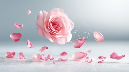 89.A beautiful composition of a gently falling pink rose, with a few scattered petals around it, against a studio-lit grey backdrop that enhances its vibrant color and texture.