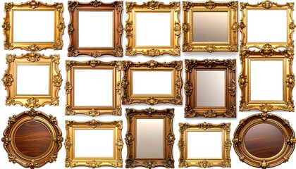 Assortment of ornate, gilded picture frames on white background