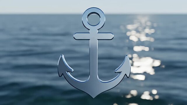Shiny 3D anchor model symbolizing hope and stability set against a tranquil deep blue sea with gentle sun reflections on the rippling water surface