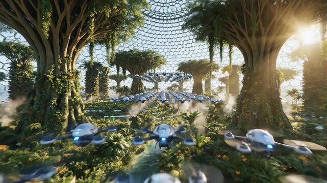 Drones flying in a bio dome futuristic environment