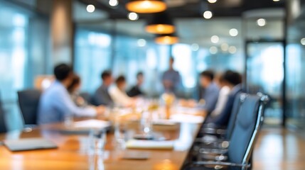 Business people and presentation in boardroom on meeting for planning and conversation as partner Blurred employees teamwork and collaboration with discussion on report for feedback on company