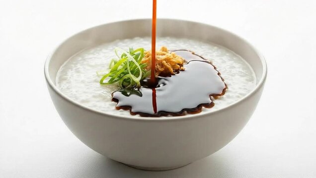 A Bowl of Congee with Toppings Being Poured On