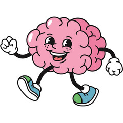 Whimsical Pink Cartoon Brain Character With Big Eyes And Smiling Mouth Running In Blue Sneakers On Transparent Background