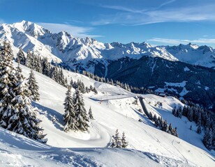 A scenic snow-covered mountain landscape with evergreen trees and winding roads under a brilliant blue sky
