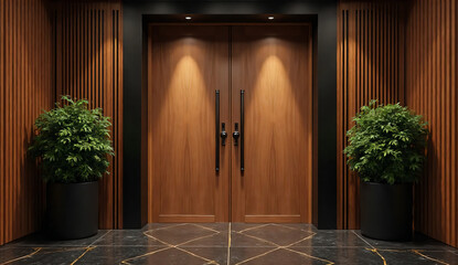 image of a modern luxury double wooden door with rich natural wood grain and smooth matte finish.