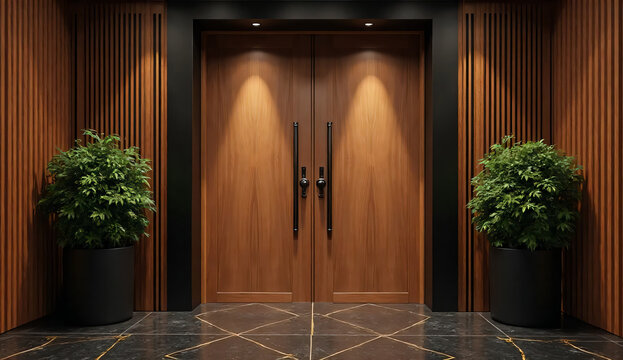 image of a modern luxury double wooden door with rich natural wood grain and smooth matte finish.