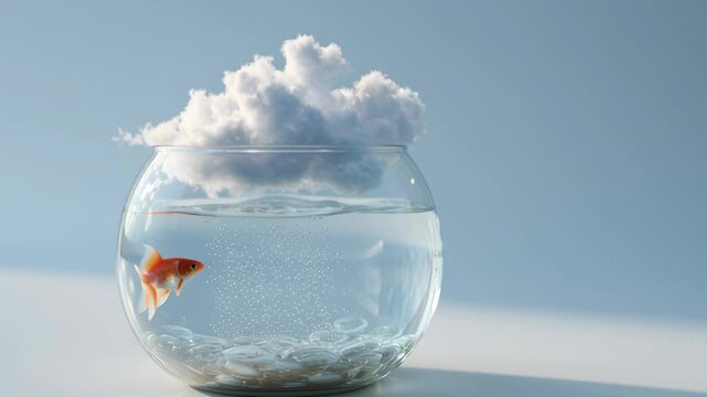 glass fishbowl with small cloud raining inside, placed on clean white desk, surreal stock photo