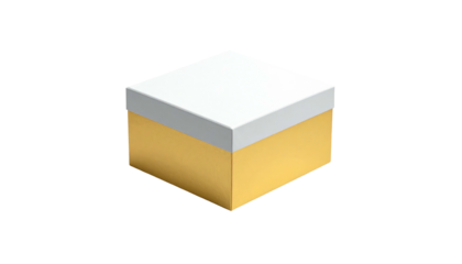 A stylized 3D rendering of a square box with gold sides and a white lid, against a stark black backdrop