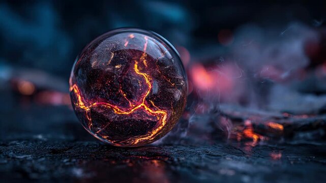 Glowing molten lava rock core inside a glass sphere with smoke and dark blue cinematic background