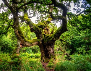 A grand, ancient tree in a vibrant, lush forest setting, with moss