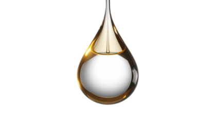 A single, golden liquid drop suspended against a black background, creating a reflective and luminous effect