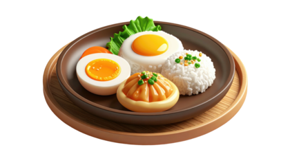 Realistic plate of food with rice, eggs, steamed buns, and greens on a wooden base, set against a dark backdrop
