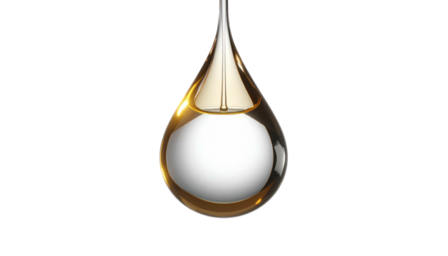 A single, golden liquid drop suspended against a black background, creating a reflective and luminous effect