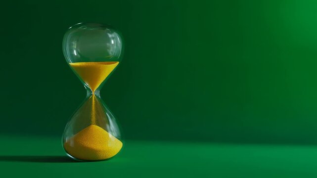 Elegant hourglass with yellow sand against a vibrant green background for time management concepts