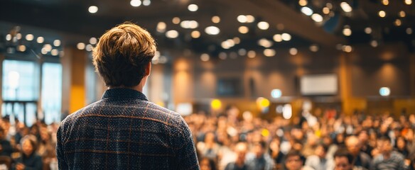 Speaker at Business Conference with Public Presentations. Audience at the conference hall. Entrepreneurship club. Rear view. Panoramic composition. Background blur. High quality