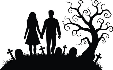 Gothic graveyard silhouette with couple holding hands, spooky twisted tree, gravestones, eerie atmosphere, Halloween romance, emotional dark fantasy, black and white illustration