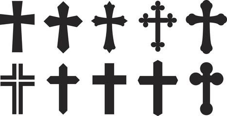 Christian cross cartoon illustration set, religious symbol vector icons, ornate and geometric cross designs, faith and spirituality artwork, cultural iconography pack
