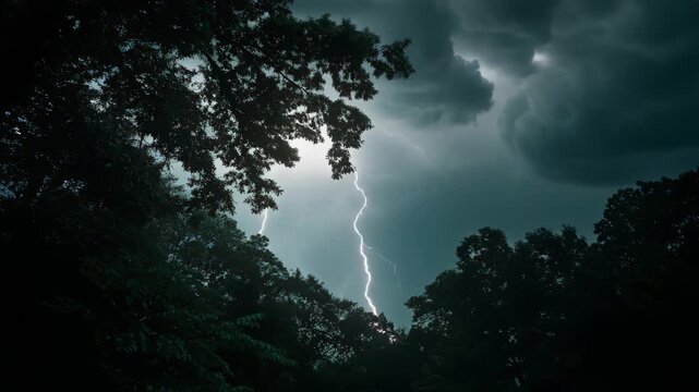 Stunning lightning bolt striking through dark forest trees in dramatic stormy sky