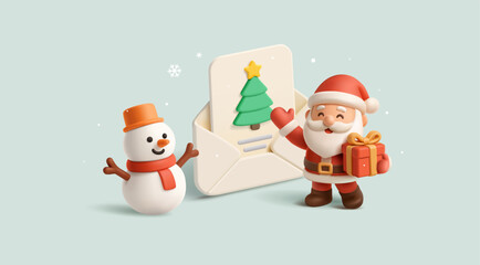 Wish list, dear Santa. 3D envelope, funny Santa with gift, snowman, snow. For best Christmas gift concepts, childhood. Vector illustration.