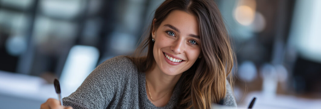 smiling young woman writing or studying in office or classroom portrait close-up - Powered by Adobe