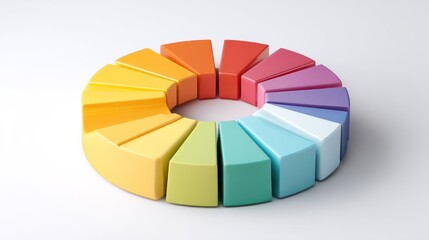 Obraz premium A colorful pie chart with segments in orange, red, yellow, green, blue, purple, and pink, arranged in a circular pattern on a white background.