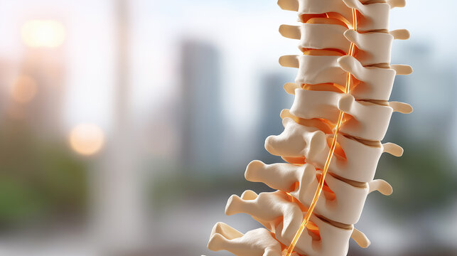 close-up model of human spine vertebrae with blurred modern clinic background - Powered by Adobe