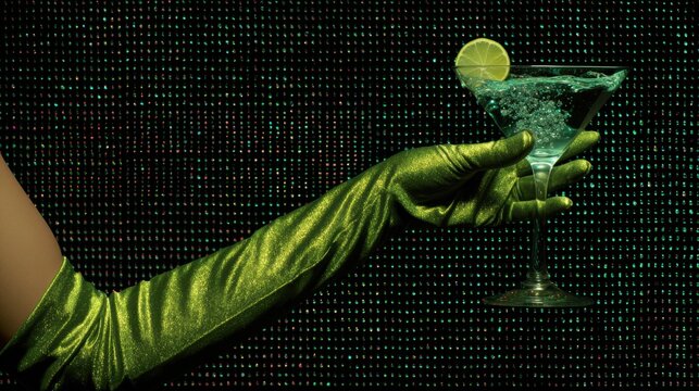 Enigmatic Martini: An elegant hand, adorned in a vibrant green glove, delicately holds a shimmering martini glass, garnished with a slice of lime against a dynamic backdrop. 