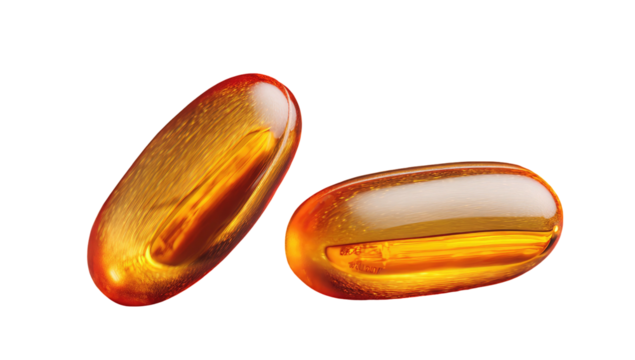 Two translucent, oblong amber-colored capsules laying on a black background, reflecting light