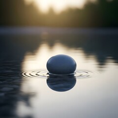 A smooth, round stone floating calmly on a reflective water surface during sunset with a blurred natural background and gentle ripples around it