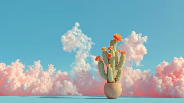 cactus plant sprouting neon clouds instead of flowers, pastel surreal minimal concept