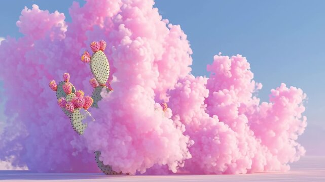 cactus plant sprouting neon clouds instead of flowers, pastel surreal minimal concept