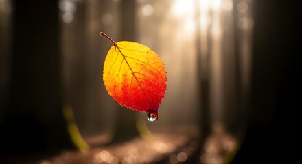 A vibrant autumn leaf with a water droplet hanging from its tip, set against a softly blurred forest background during golden hour
