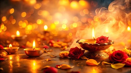Warm candlelight roses and floral decorations create a peaceful and festive atmosphere