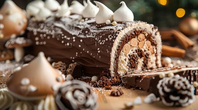 Slice of an elaborate Yule log cake being cut, revealing rich chocolate layers and meringue mushrooms. Festive holiday dessert food photography focusing on the detailed cross-section.