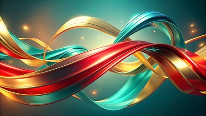 Abstract ribbons of gold turquoise and crimson intertwine in a dynamic flowing composition