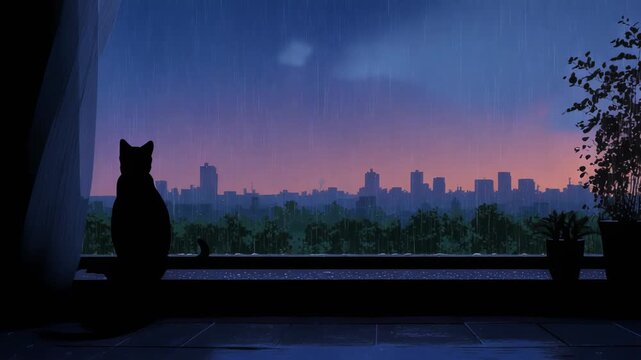 Cat Silhouette Watching Rainy Sunset Over Cityscape, A Cozy Night Vibe