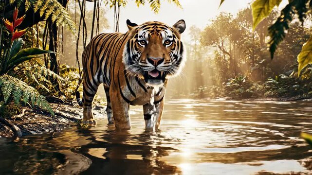 Majestic Tiger Drinks Water in Lush Jungle Environment 1.